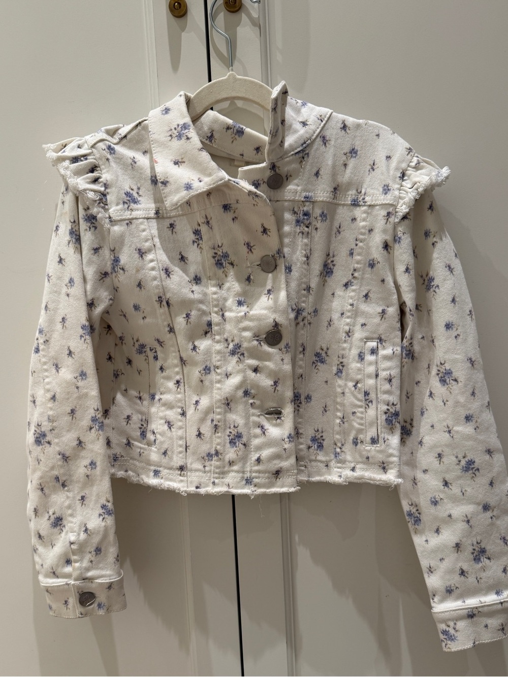 LoveShackFancy White Cropped Denim Jacket with Blue Floral Print